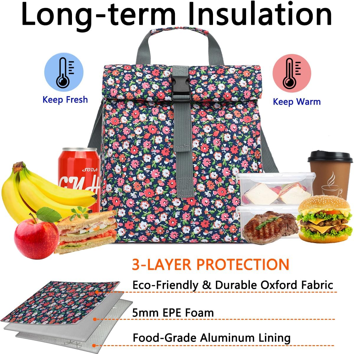 Lonchera térmica para hombresmujeresniños, lonchera reutilizable con correa ajustable para el hombro, contenedor térmico para el almuerzo para