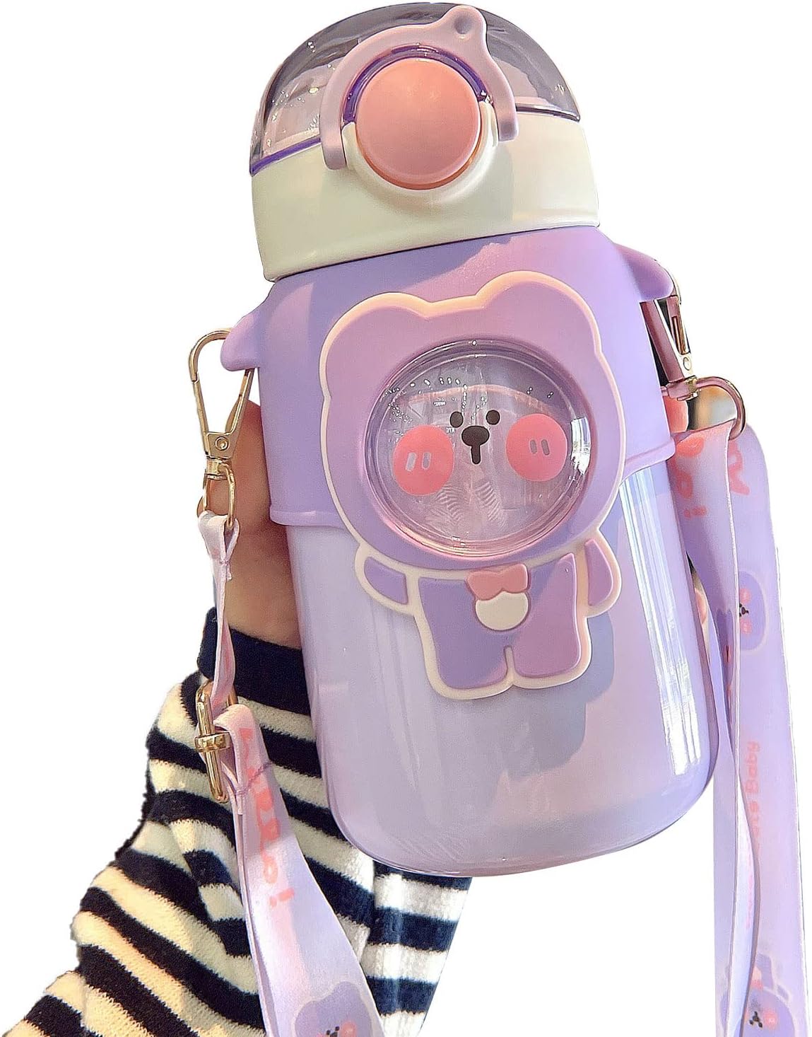 Camidy Kawaii Bear – Botella de agua con popote y correa para el hombro, a prueba de fugas, de acero inoxidable al vacío, sin BPA, lindas botellas