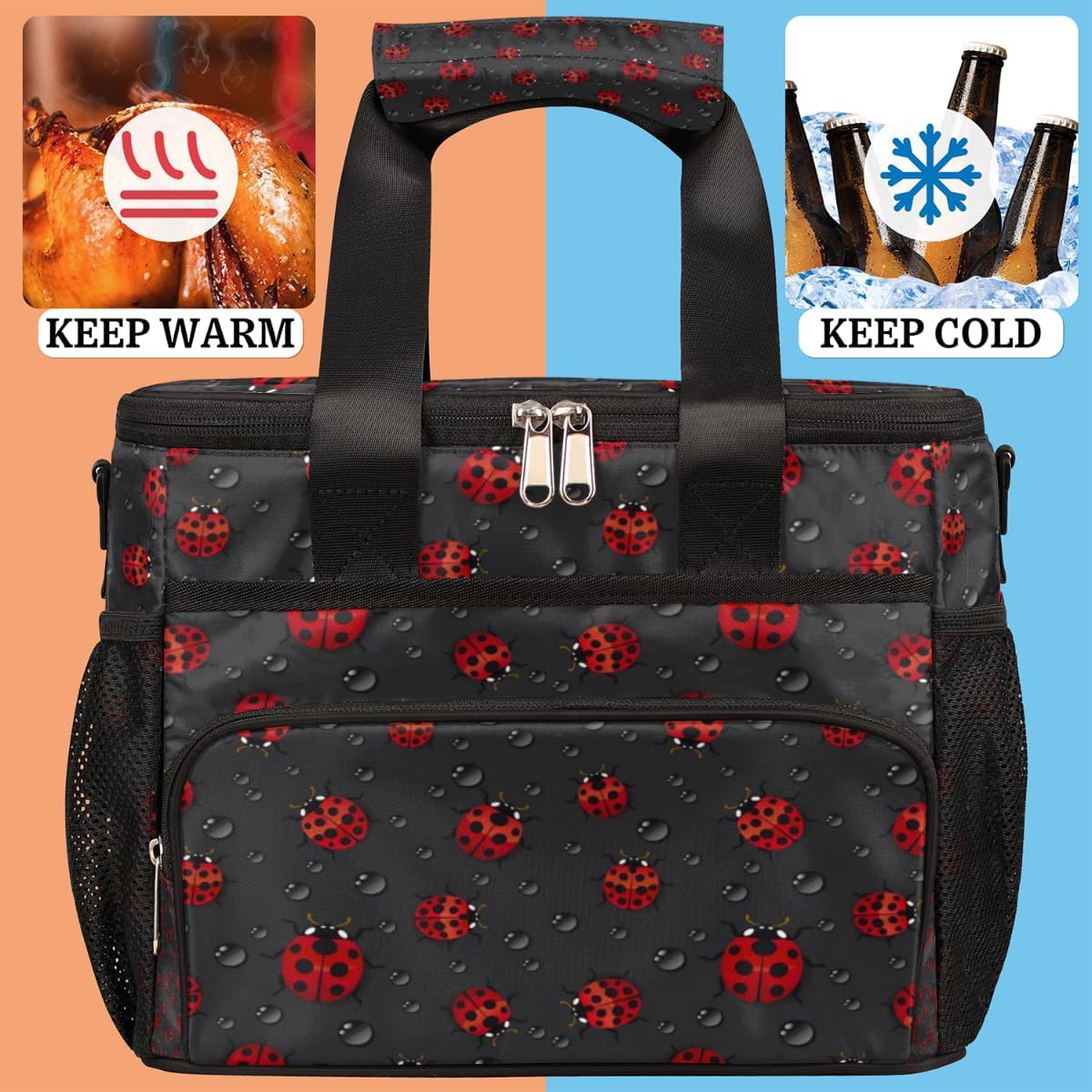 Mularoka Ladybugs – Lonchera aislada para mujeres y hombres, grande, reutilizable, para oficina, picnic, campamento, playa, a prueba de fugas, con