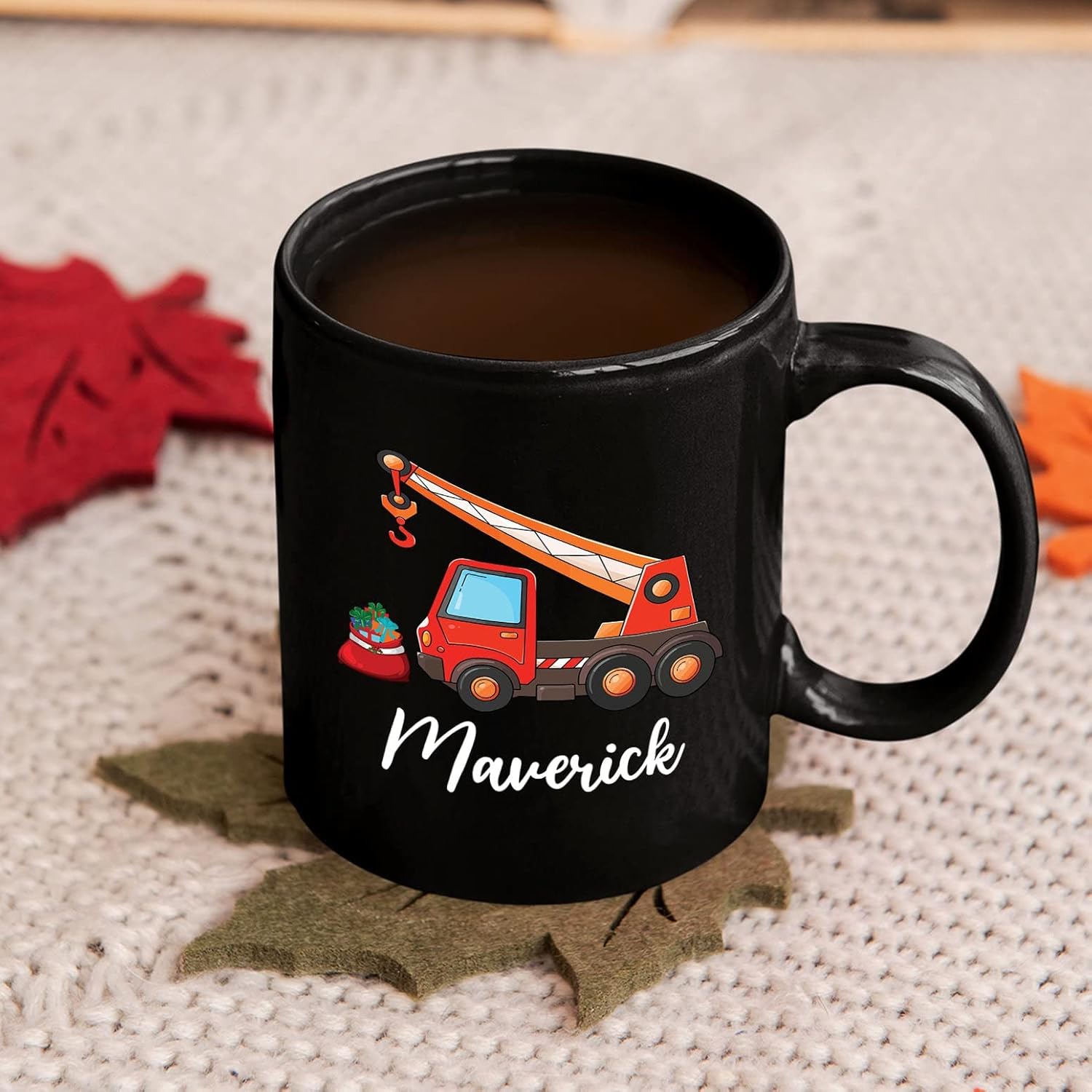 Taza de café personalizada con nombre de grúa para niños, taza de café para niños, camión grúa, tazas de cerámica negras de 11 onzas, 15 onzas, taza
