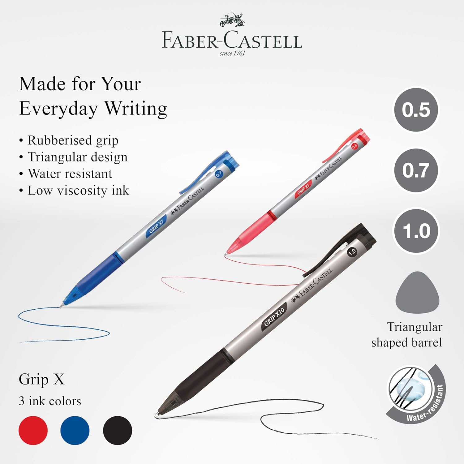 Faber-Castell Grip X – Bolígrafo ergonómico, paquete de 3 (0.020 in, negro, azul) barril triangular, escritura sin fatiga, súper suave