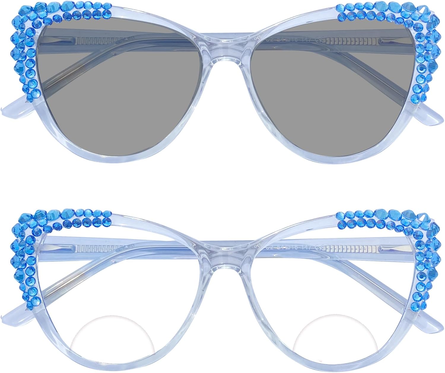 mincl Gafas de lectura bifocales con montura de cristal brillante con diamantes de imitación para mujer, lentes de sol fotocromáticos de transición