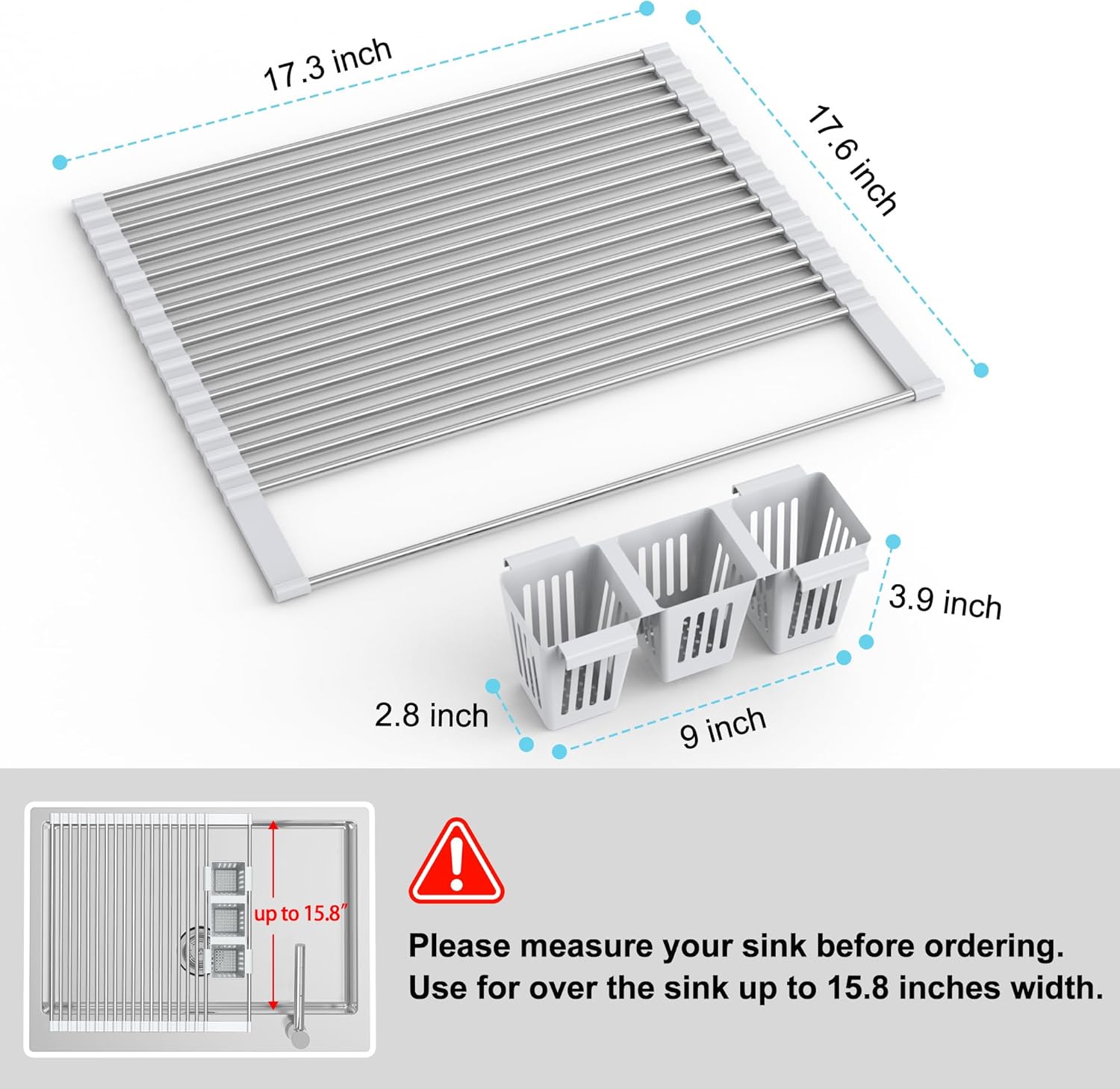 BBXTYLY Escurridor de platos enrollable con cesta de almacenamiento, cubierta para fregadero de cocina, escurridor de platos plegable, de acero