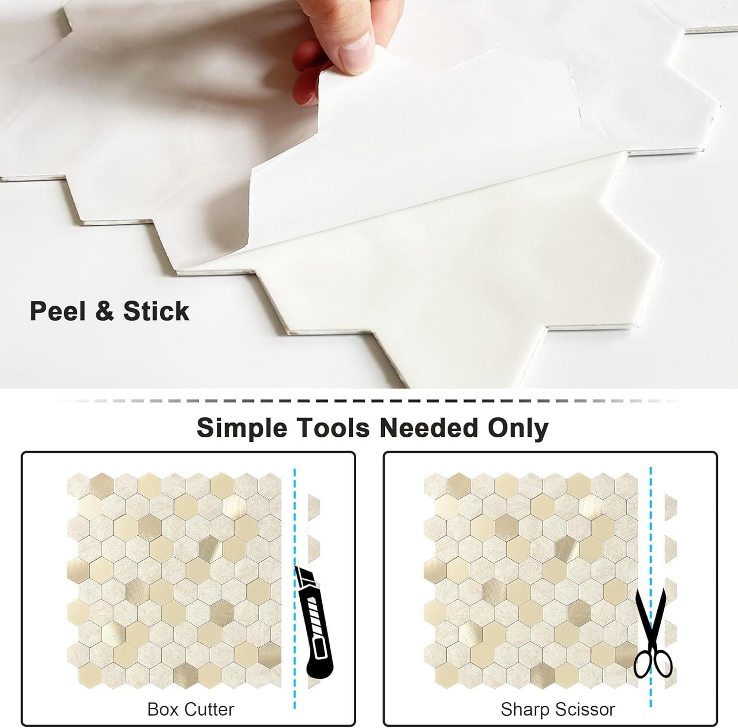 BeNice Azulejo adhesivo para salpicaduras de baño, azulejos hexagonales para despegar y pegar, panel de pared de cocina, protector contra