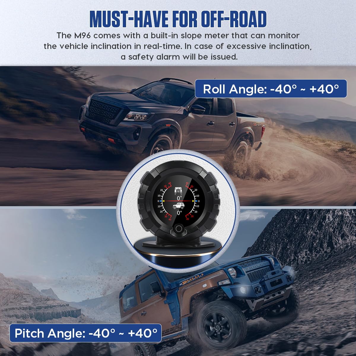 MR CARTOOL M96 Head-Up Display Car OBD Inclinómetro Digital Pitch Pitch Medidor de ángulo de pendiente Accesorios Off-Road Medidor HUD multifuncional