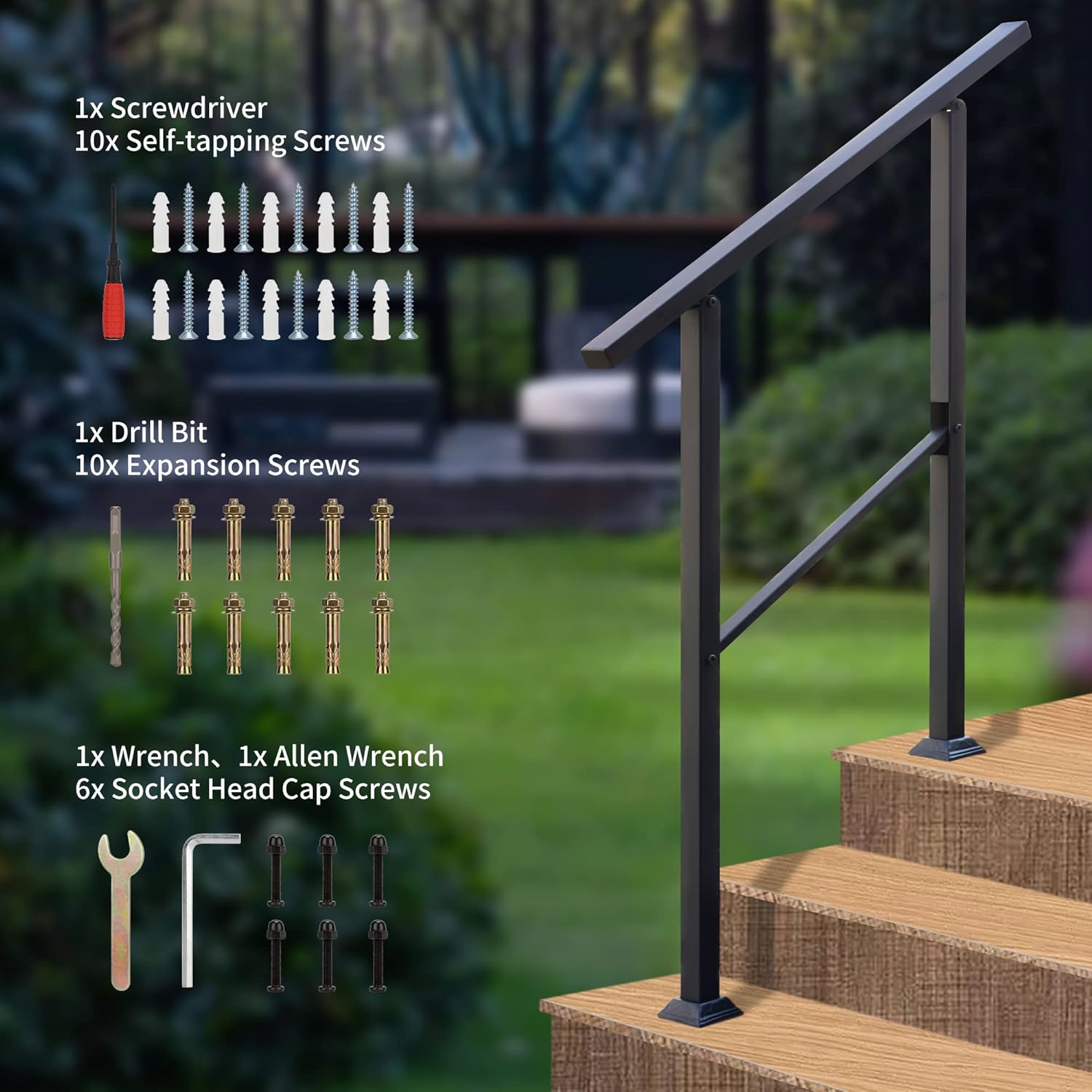 Pasamanos para escalones al aire libre para 2-3 escalones, barandilla negra de hierro forjado para rampas para porches, rango de transición