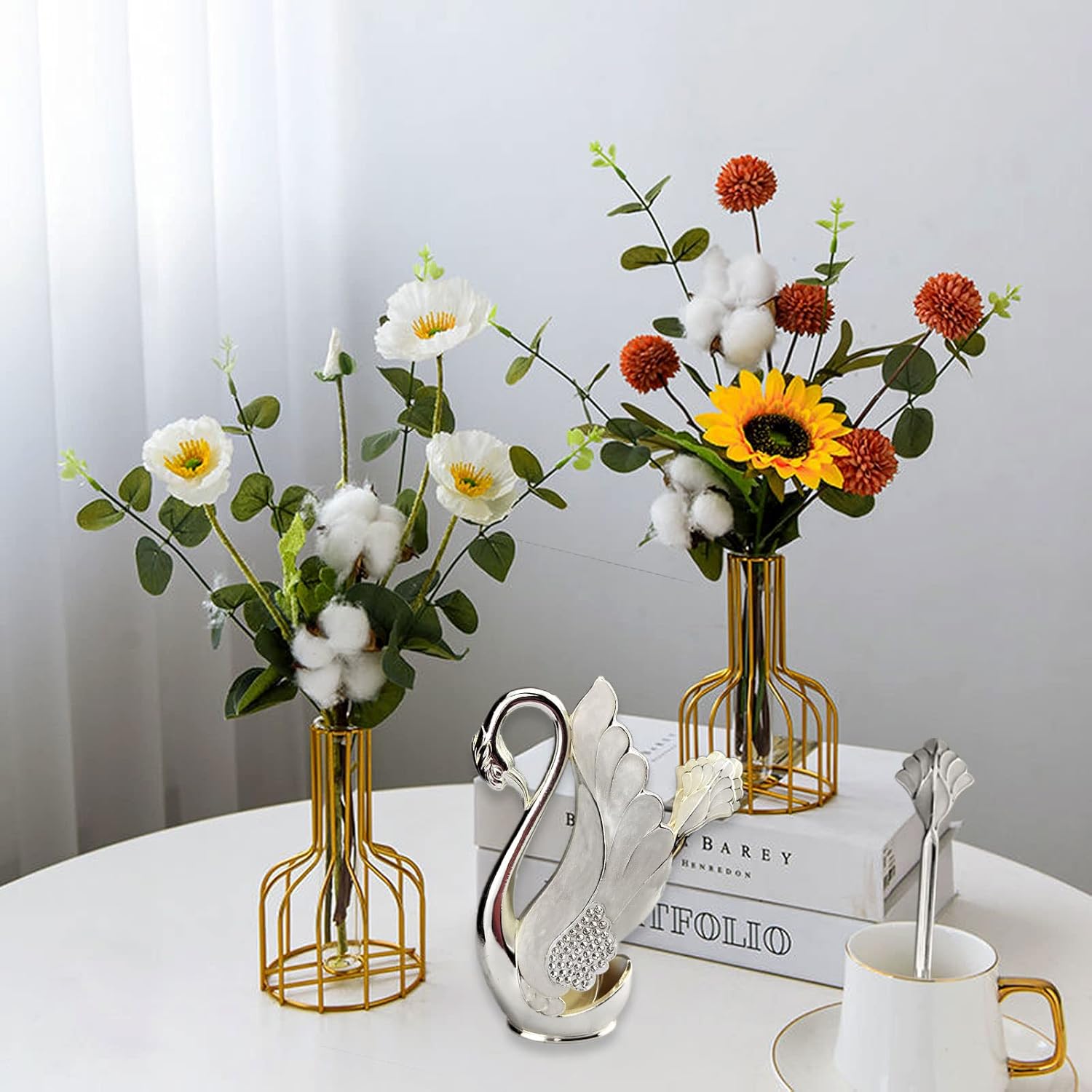Soporte de base de cisne con 6 cucharas de postre de café, organizador de cucharas de café de metal, cucharadita de fruta, postre, cubiertos,