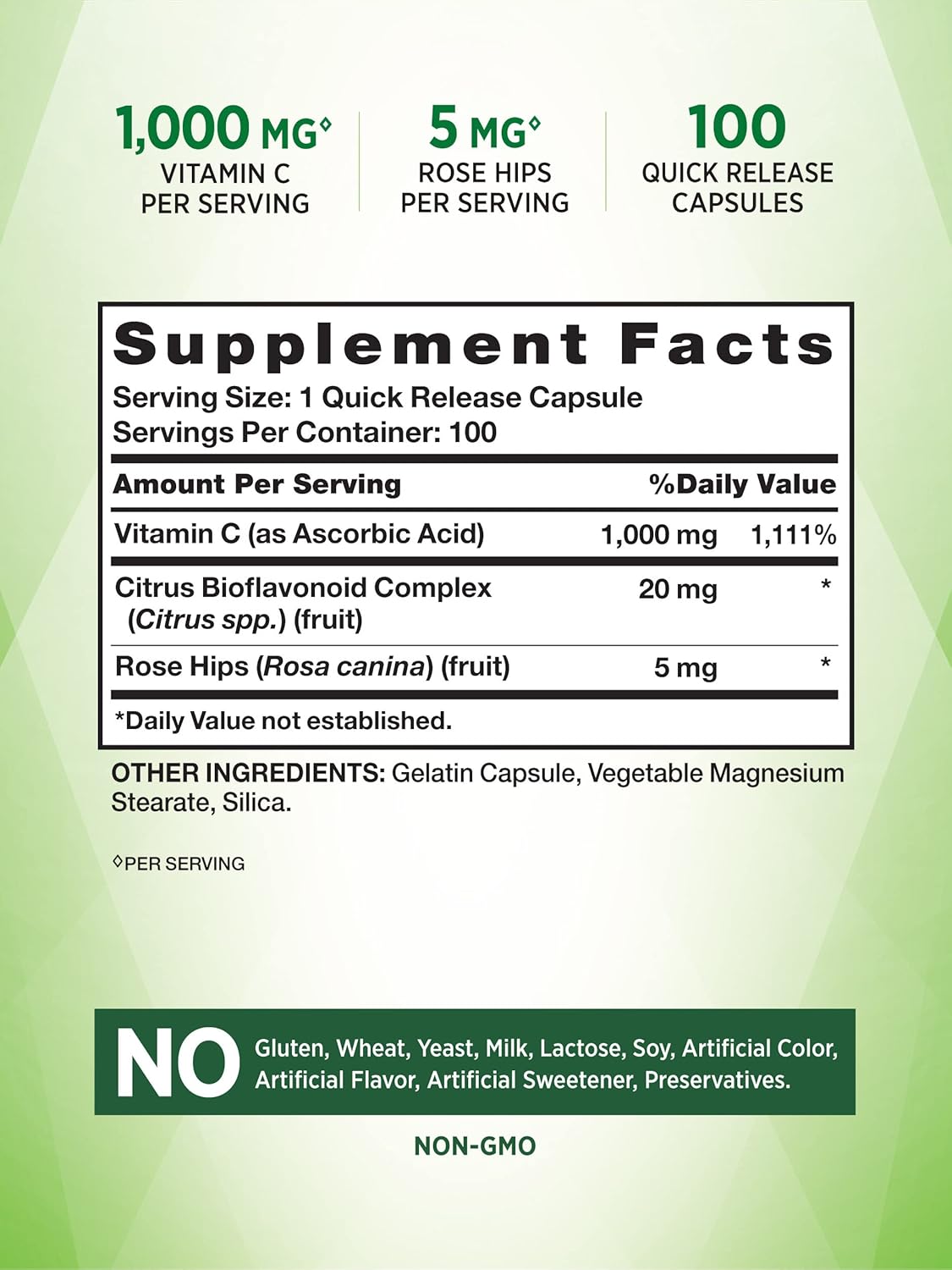 Vitamina C de 1000 mg  100 cápsulas  con rosa silvestre HIPS y bioflavonoides  Suplemento sin OMG y sin gluten  por Nature’s Truth