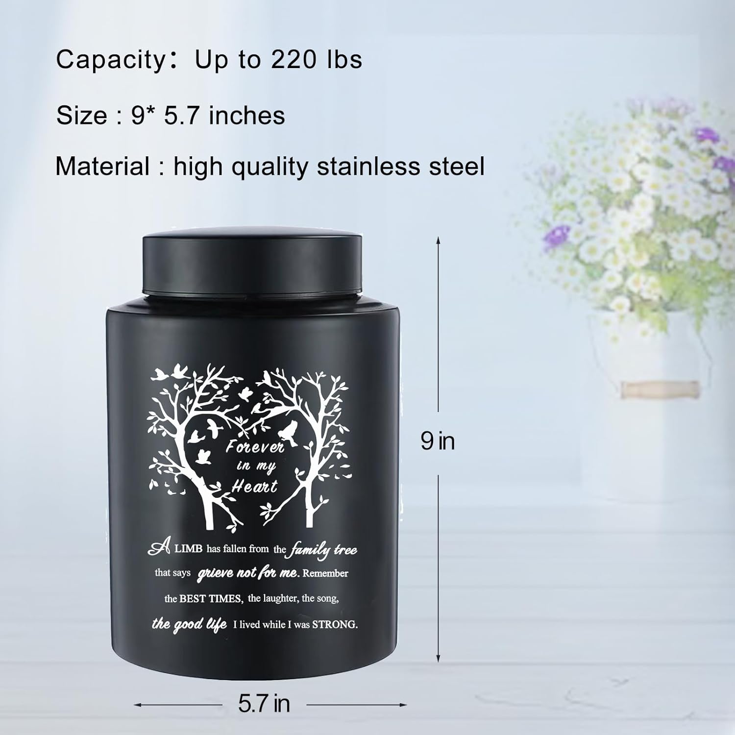 Urna grande de 9 pulgadas para cenizas humanas, urna de cremación negra de acero inoxidable, urna para adultos, urna de recuerdo, contenedor de