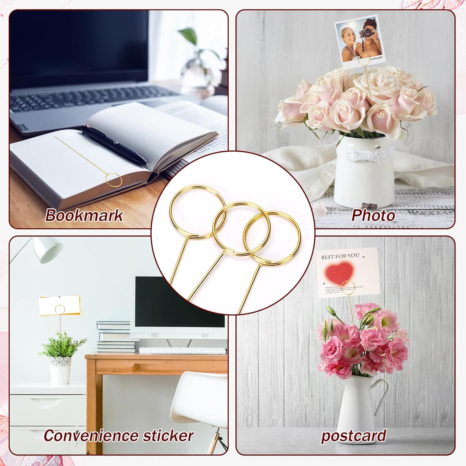 20 soportes para tarjetas de lugar, soporte de tarjetas de lugar de metal floral, soportes de números de mesa dorados, clips de púas de flores de