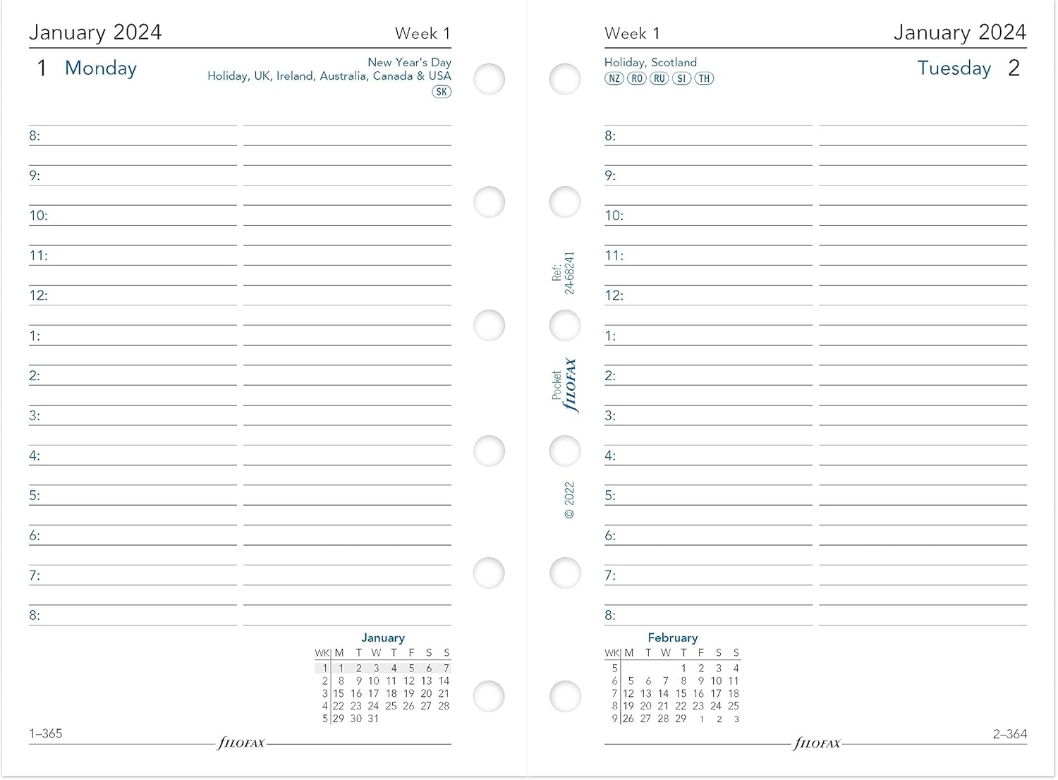 Filofax Calendario de recambio de diario, tamaño de bolsillo, día en una página con citas, a rayas, papel blanco, inglés, 2024 (C68241-24)