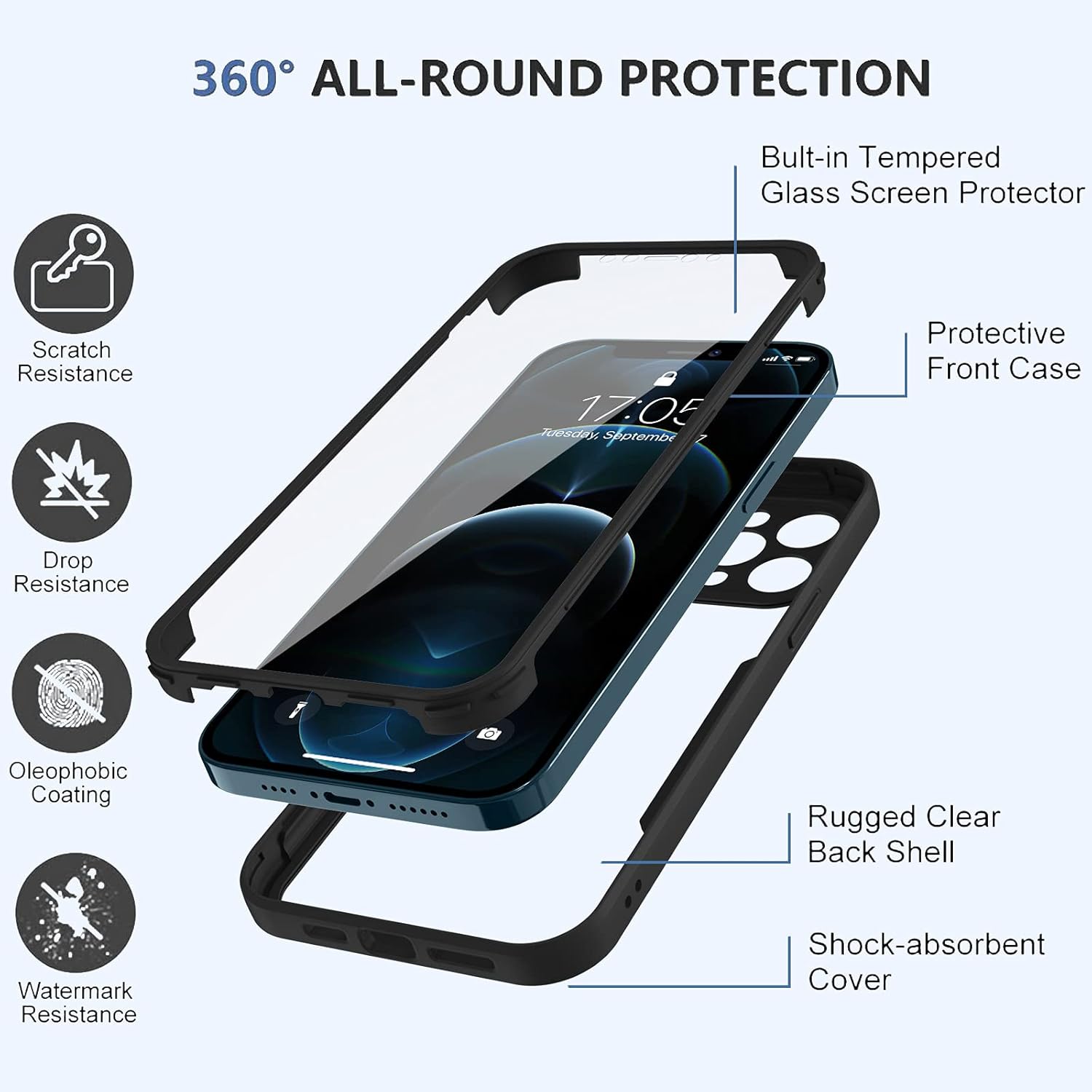 Urarssa Funda compatible con iPhone 12 Pro Max, diseño transparente de cuerpo completo con protector de pantalla integrado, a prueba de golpes,