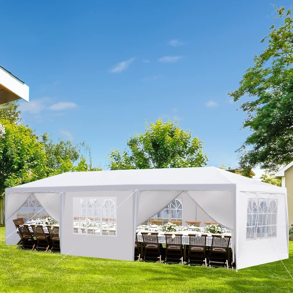 Tienda de campaña para exteriores de 10 x 30 pies con 8 paredes laterales extraíbles, toldo impermeable, glorieta de boda para patio, color blanco