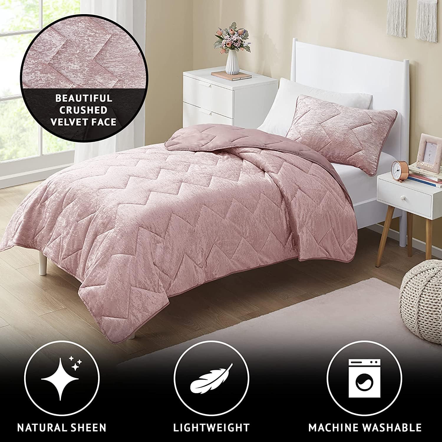 Comfort Spaces Juliette Luxe – Juego de edredón de terciopelo suave, microfibra inversa ligera para todas las estaciones, fundas a juego, tamaño