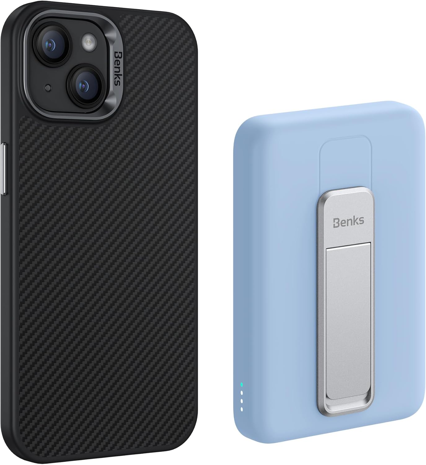 BENKS Funda para iPhone 15 Plus fabricada con fibra de aramida Kevlar 600D + banco magnético MagClap StandGo de 10000 mAh