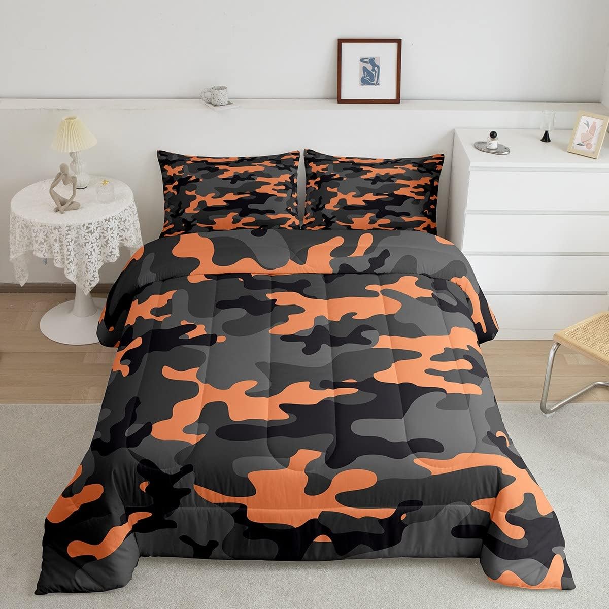 Feelyou Juego de edredón de camuflaje del ejército para niños y adolescentes, juego de edredón de camuflaje para niñas, decoración de patrón