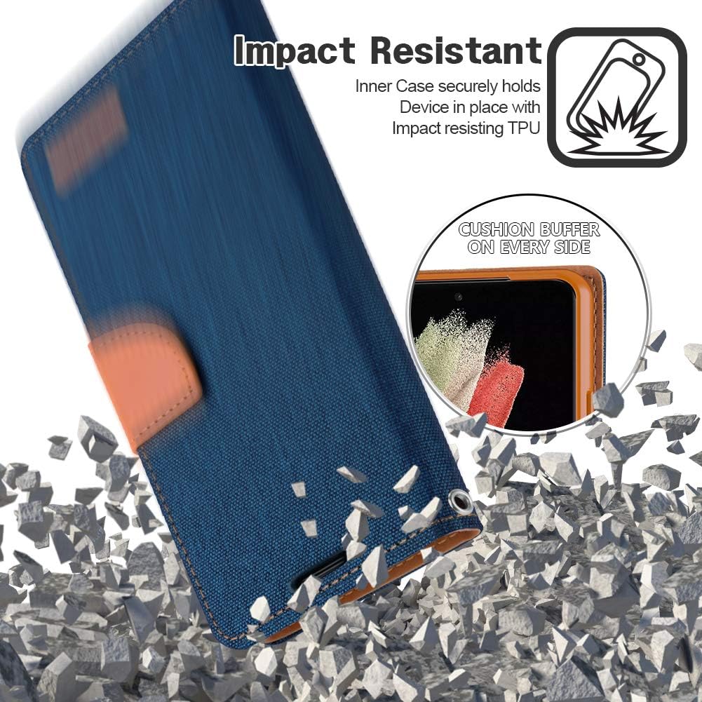 GOOSPERY Funda de lona para Galaxy S21 Ultra 0.18 oz, 3 ranuras para tarjetas, 1 bolsillo lateral, función de pie, 8 colores, protector de pantalla