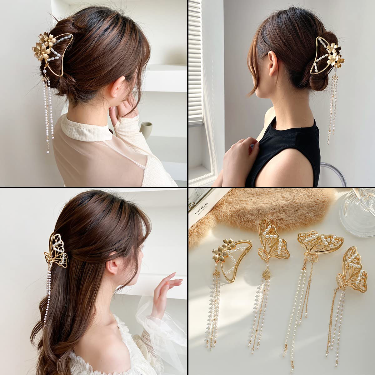 Yusier 2 pinzas para el cabello de metal de mariposa con borla de perlas huecas de hoja dorada, clip de garra, accesorios para el cabello de moda