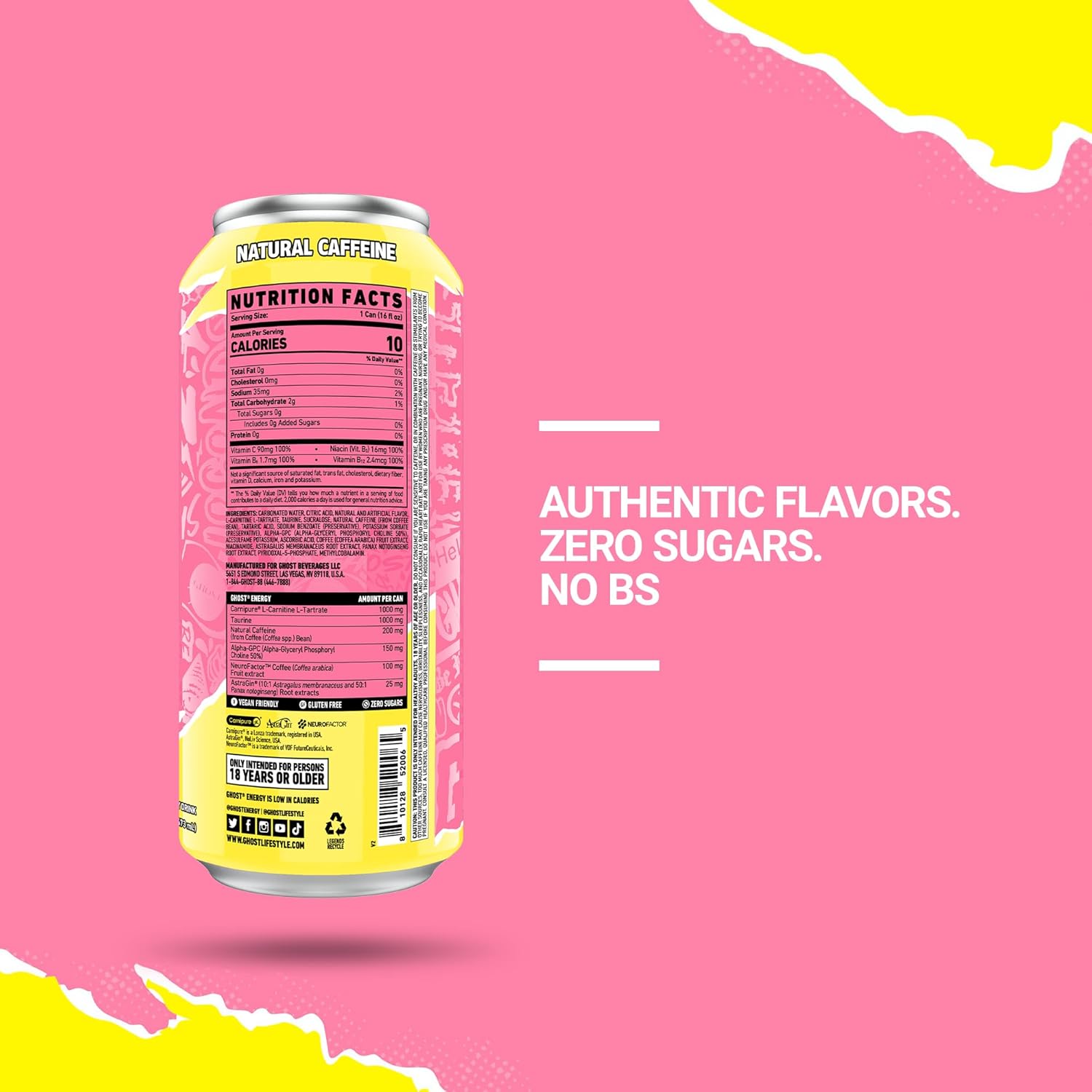GHOST ENERGY – Bebida energética sin azúcar, paquete de 12, limonada rosa agria, latas de 16 onzas, energía y enfoque y sin colores artificiales,