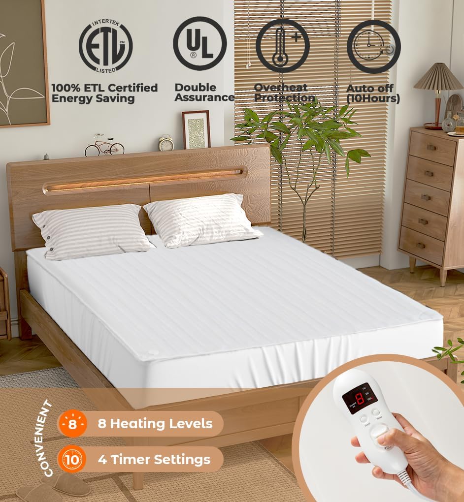 WELLHUT Protector de colchón con calefacción, calentador de cama matrimonialindividualqueenking, certificado ULETL, calentador de colchón con 8