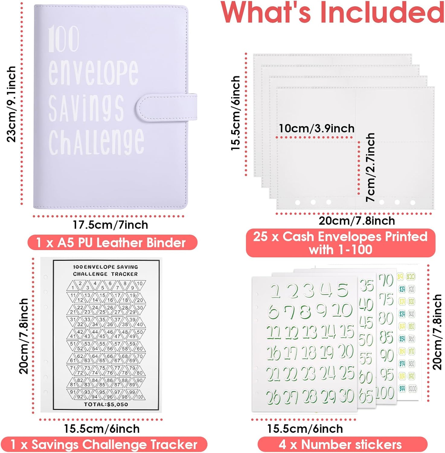 Libro de desafíos de ahorro de dinero con 100 sobres, carpeta de presupuesto A5 con 100 bolsillos, calcomanías de números y una hoja de seguimiento,