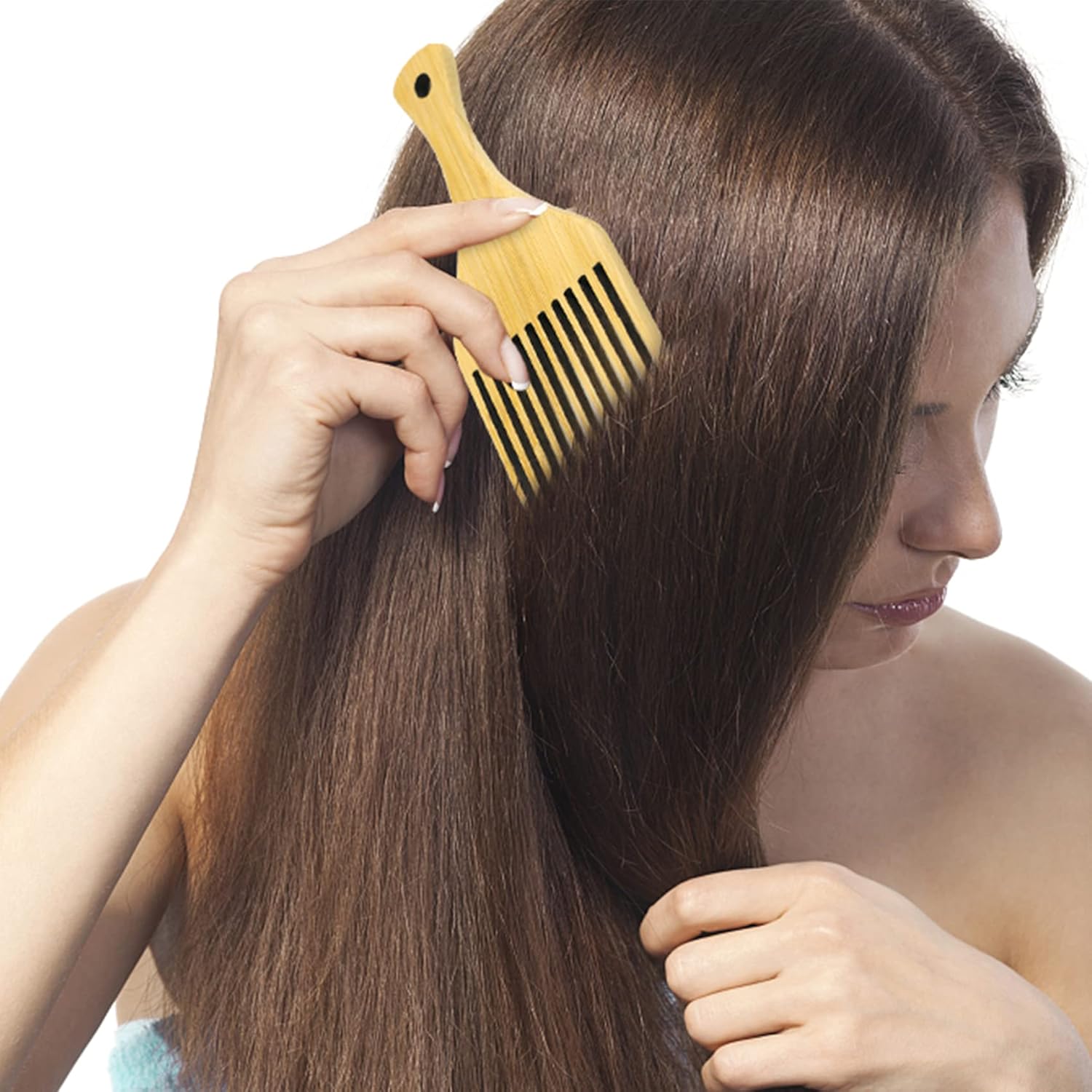 Afro Pick – Peine de pelo antiestático de bambú natural para cabello largo, grueso, rizado, para desenredar los dientes largos, gruesos y rizados,