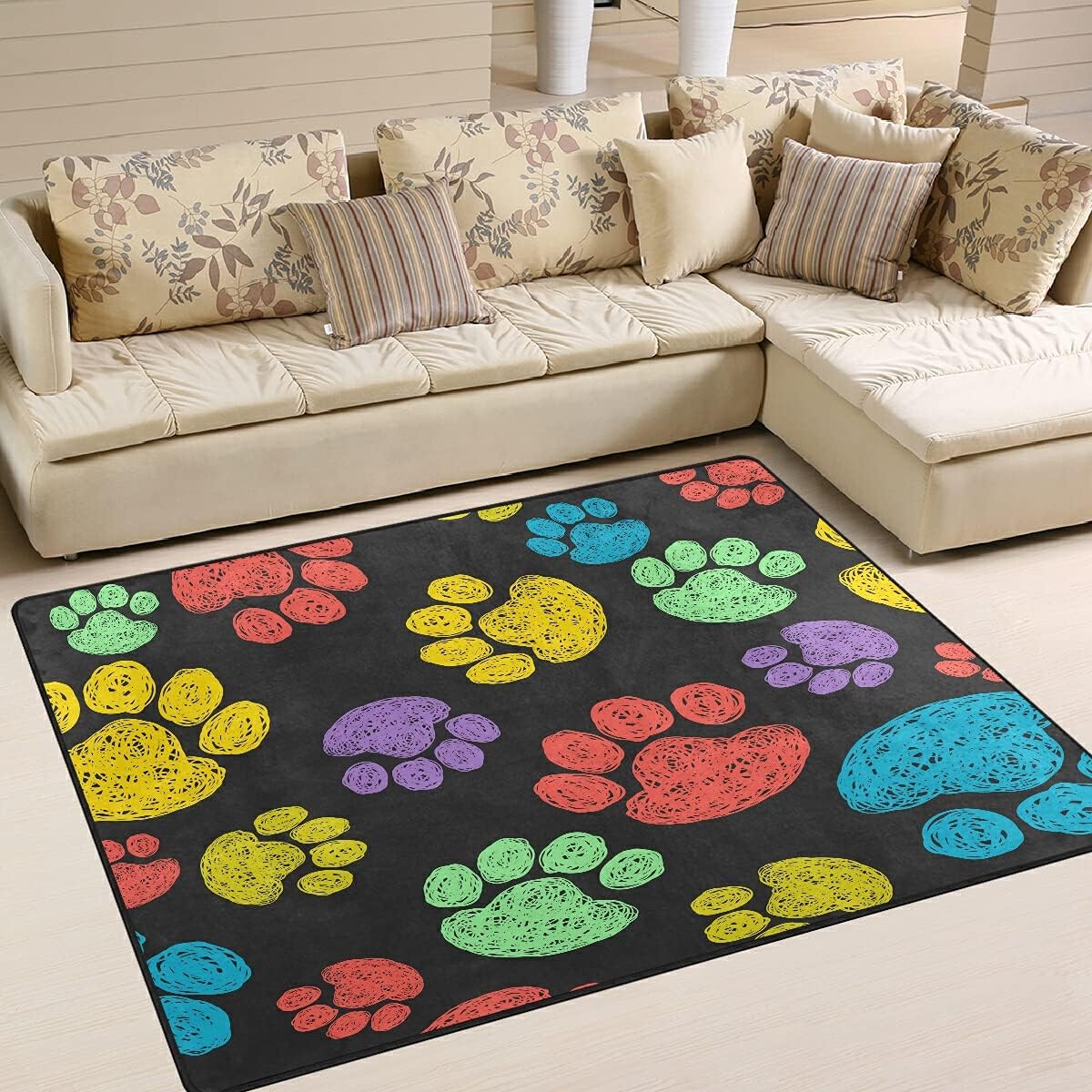 ALAZA Alfombra antideslizante con estampado de huellas de patas, de 4 x 5 pies, para sala de estar, comedor, dormitorio, cocina, pasillo, oficina,