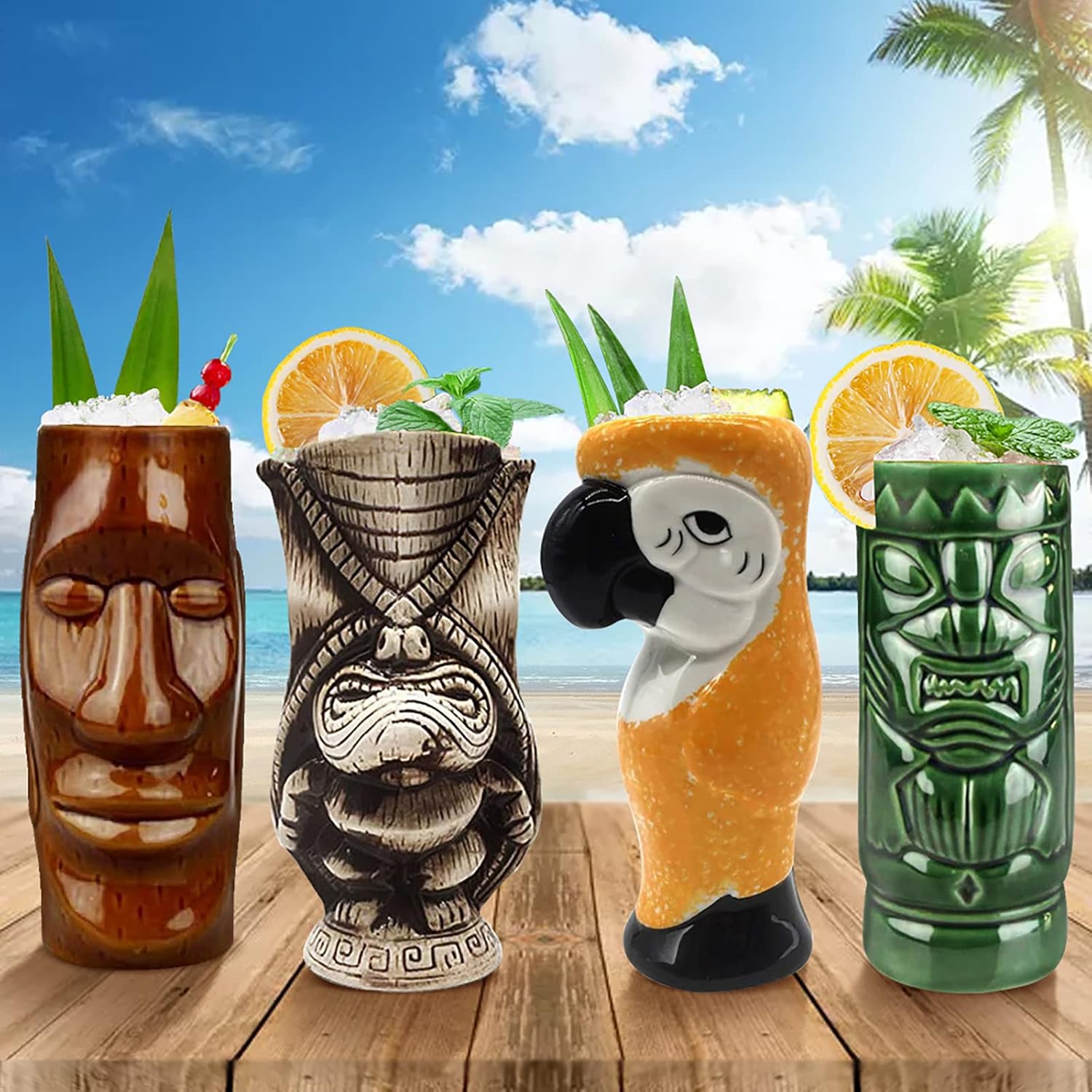 TKSET0011 – Juego de 4 tazas de cóctel hawaianas de cerámica grandes, vasos de cóctel exóticos, Tiki Bar profesional hawaiano para fiestas