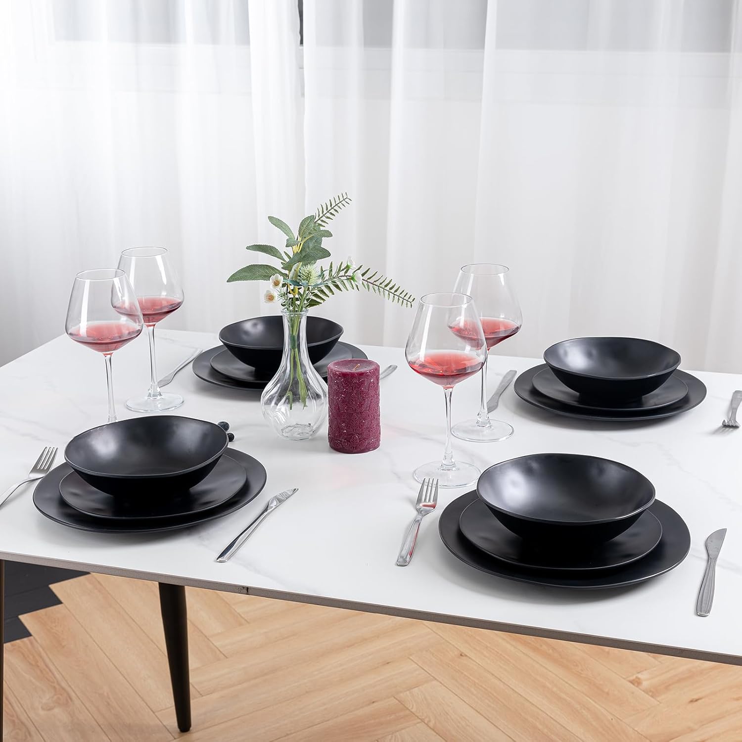 Juego de platos y cuencos de melamina negra, juegos de vajilla de melamina de 12 piezas para uso en interiores y exteriores, juego de platos ligeros