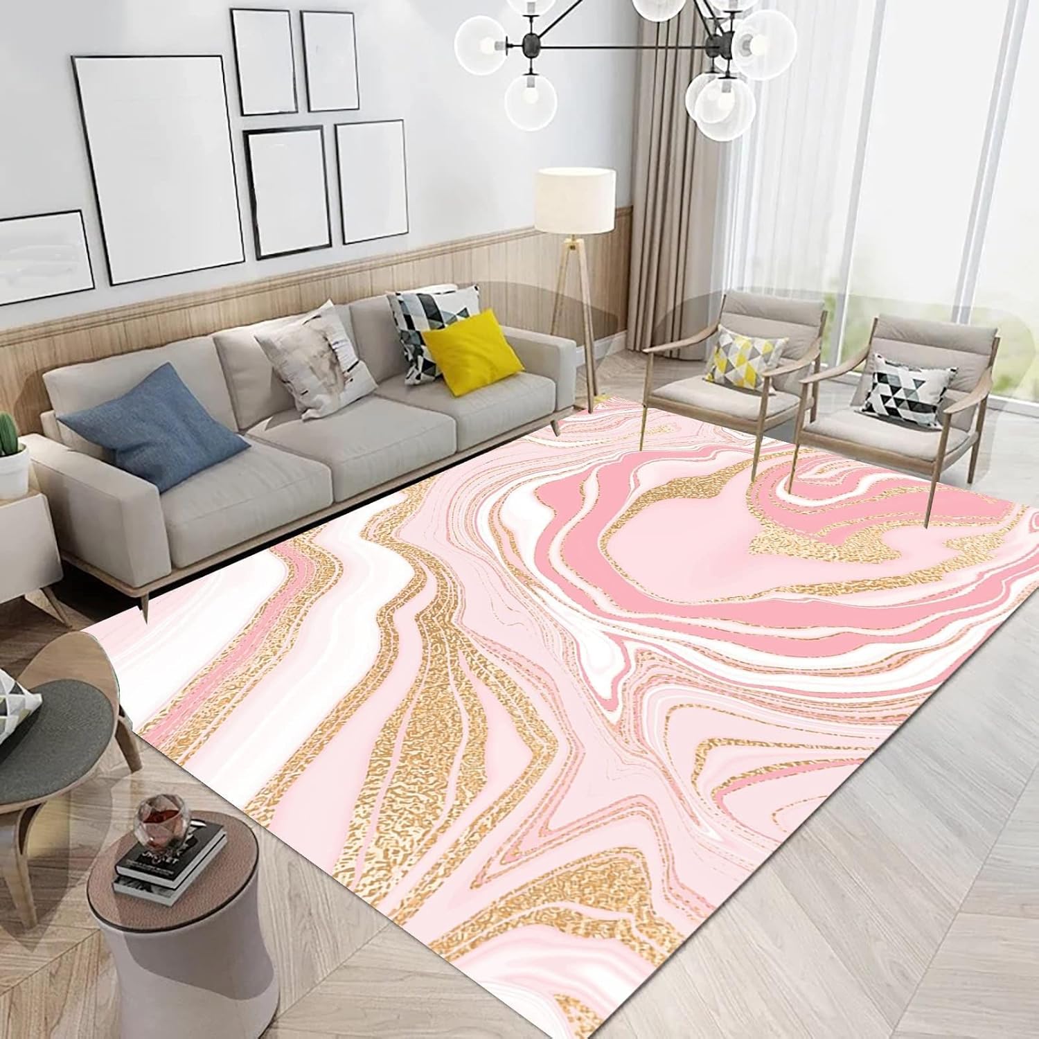 Alfombra ligera de lujo de arte geométrico para sala de estar, alfombras modernas abstractas con textura de mármol rosa dorado, antideslizante,