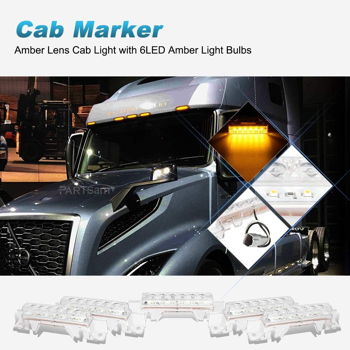Partsam 5 piezas de lente transparente 6 LED ámbar cabina luz camión remolque cabina superior techo marcador luz impermeable luces reflectantes