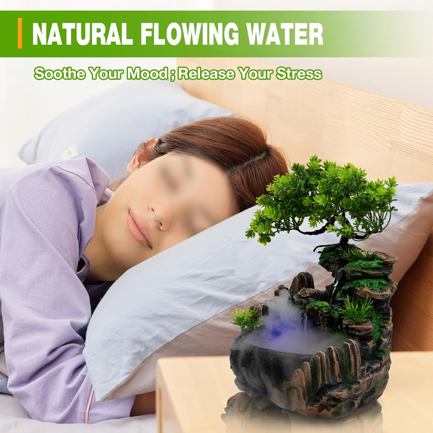 Fuente de escritorio de relajación para interiores, cascada de meditación zen con bomba automática y humidificador atomizador, cascada iluminada