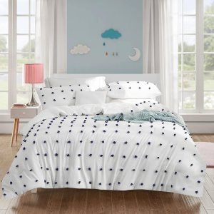 Stuaa – Juego de edredón individual, reversible con pompón azul marino, edredón de relleno alternativo para todas las estaciones (blanco y azul Stuaa – Juego de edredón individual, reversible con pompón azul marino, edredón de relleno alternativo para todas las estaciones (blanco y azul