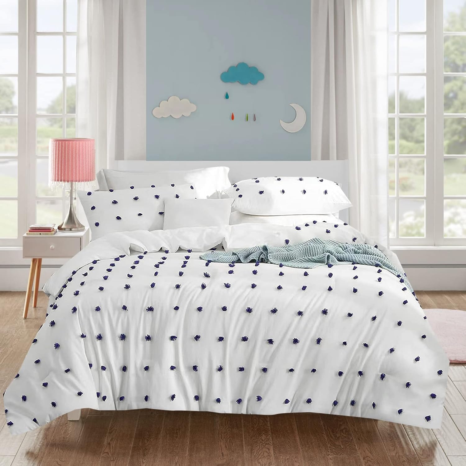 Stuaa – Juego de edredón individual, reversible con pompón azul marino, edredón de relleno alternativo para todas las estaciones (blanco y azul