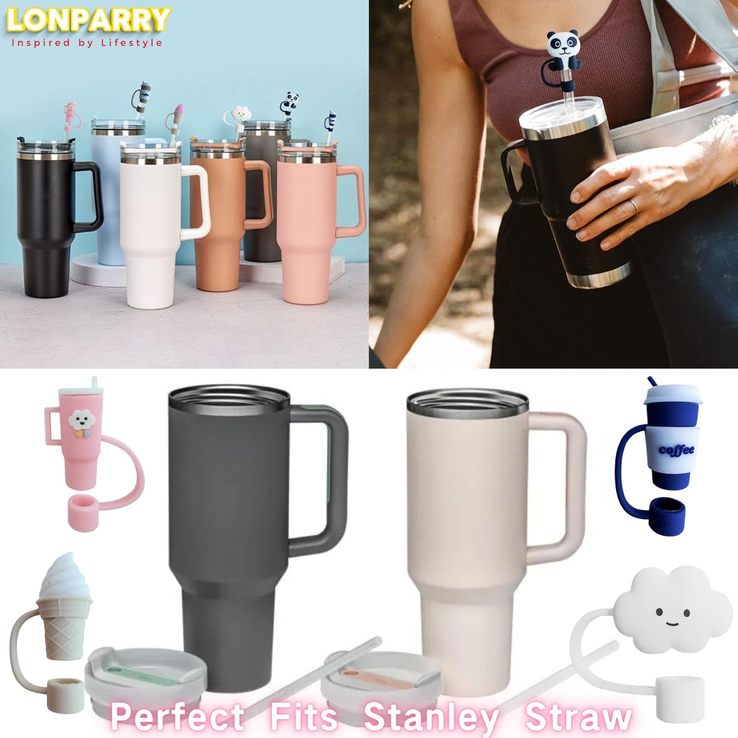 Paquete de 4 tapas de popote para copa Stanley, cubierta de popote de silicona para popotes Stanley de 0.4 pulgadas0.394 in, adornos de popote