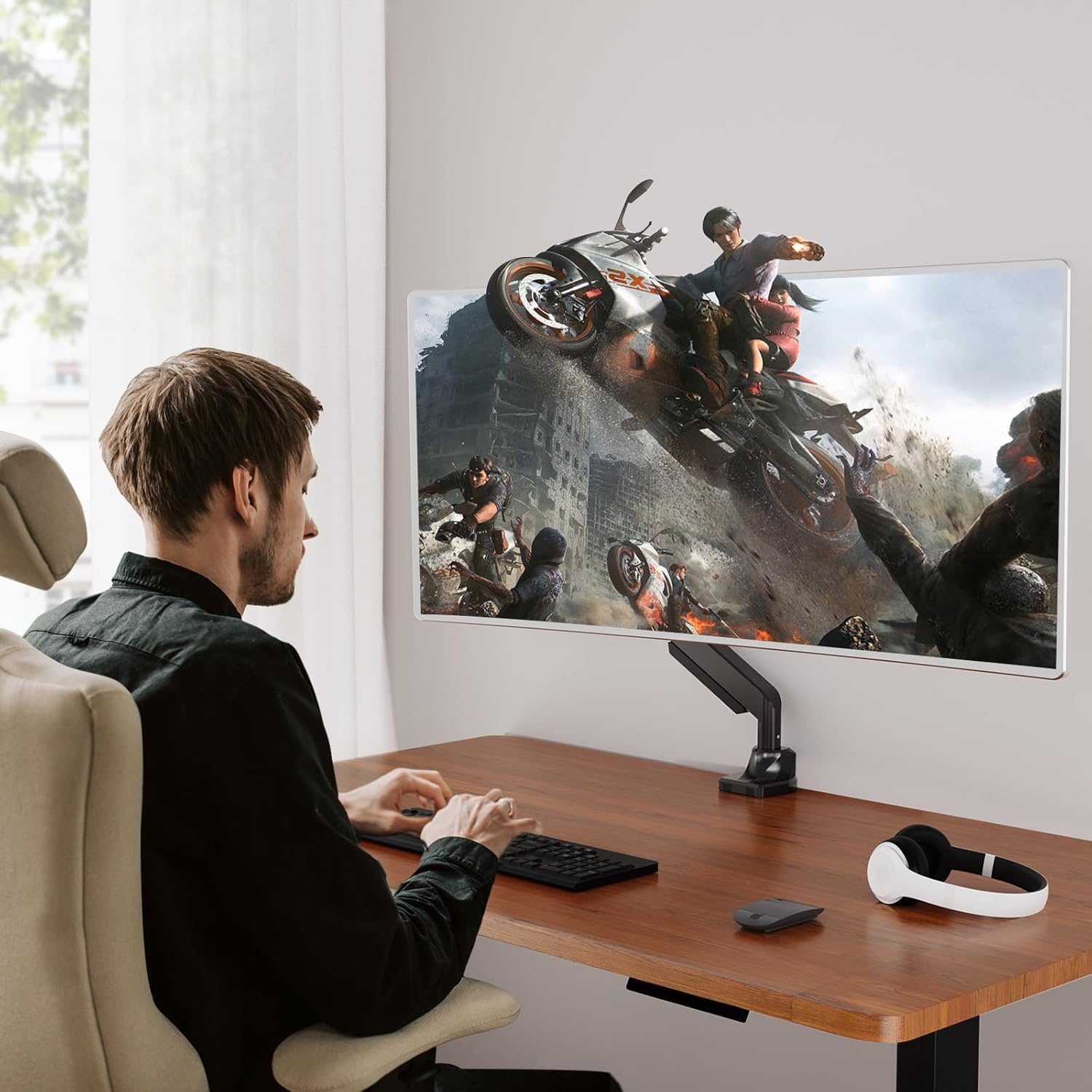 MOUNTUP Soporte de monitor único para pantalla ultraancha de 17 a 43 pulgadas, soporta 6.6-33 libras, soporte de escritorio para brazo de monitor de