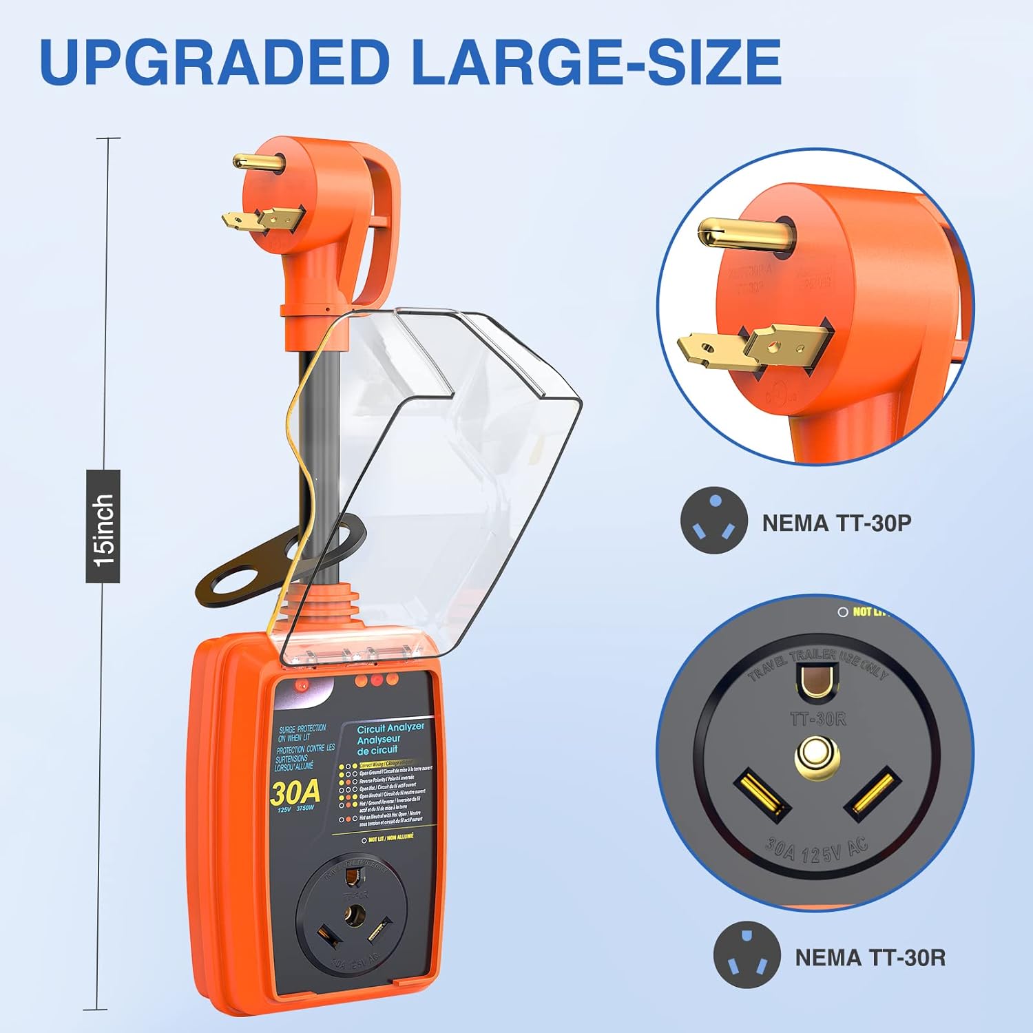 Nilight Analizador de circuitos con protector de sobretensiones RV de 30 amperios, monitor de voltaje de 2100 julios, picos altos y bajos, 125 V3750