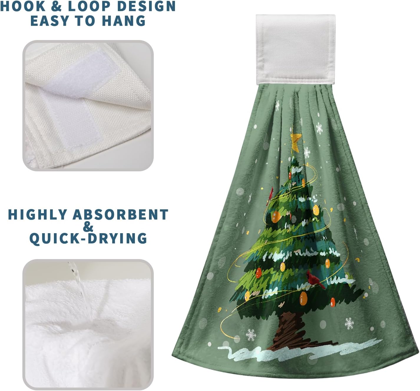 Juego de 2 toallas de cocina colgantes para árbol de Navidad de Navidad, toalla de mano de nieve con lazo para colgar, copos de nieve nevados y