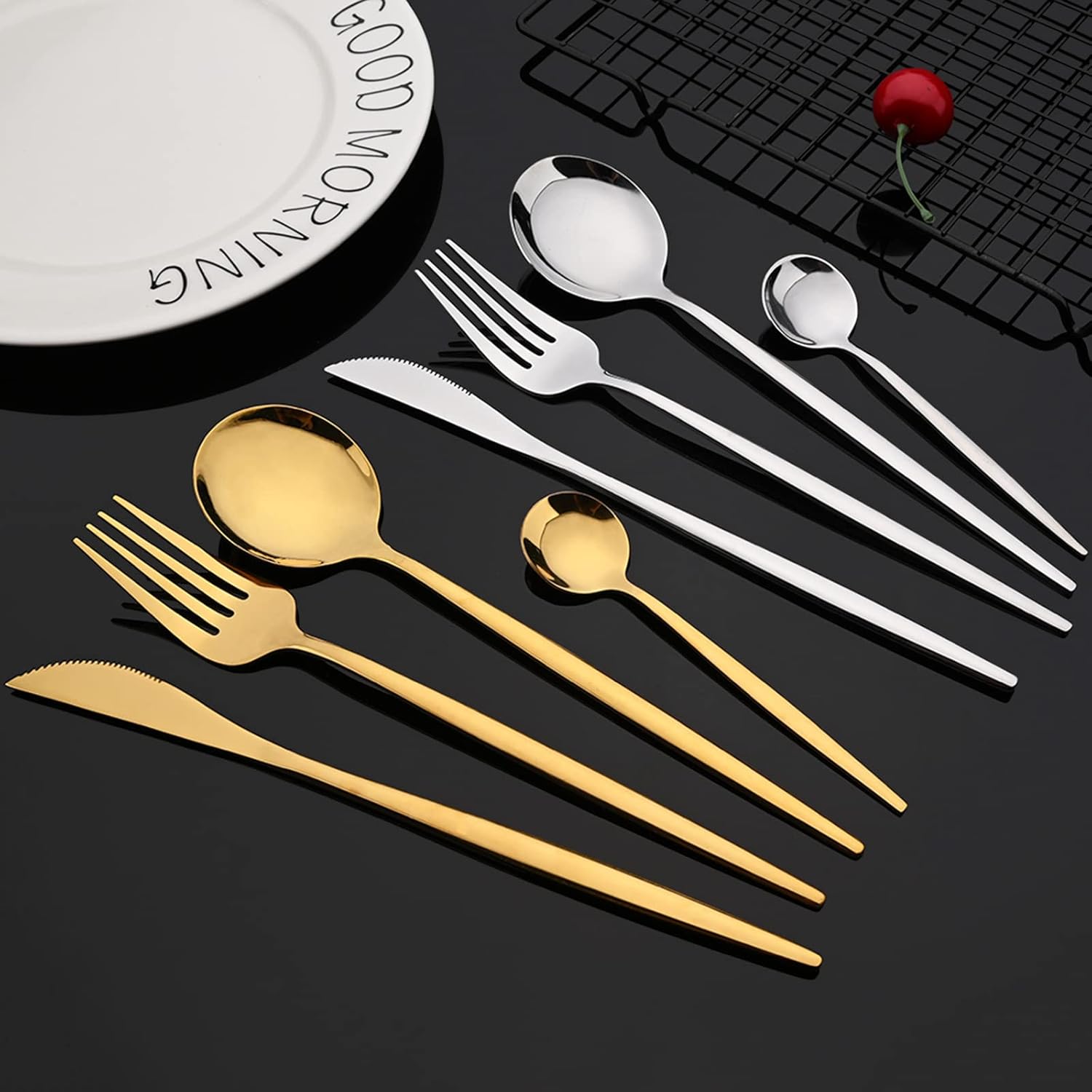 JASHII Juego de cubiertos de 40 piezas, acero inoxidable, para el hogar, cocina, hotel, restaurante, básicos, para 8, pulido con espejo, dorado