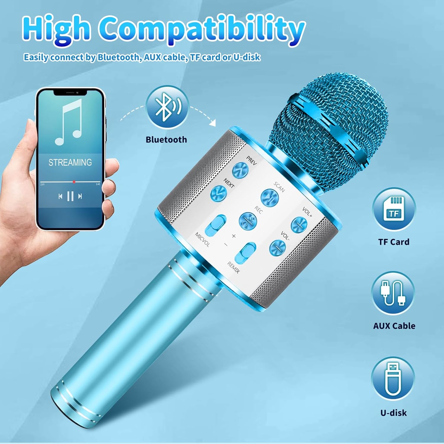 Justcool Micrófono de karaoke para niños, micrófono inalámbrico Bluetooth 5 en 1, micrófono de karaoke portátil de mano con altavoz, grabadora de