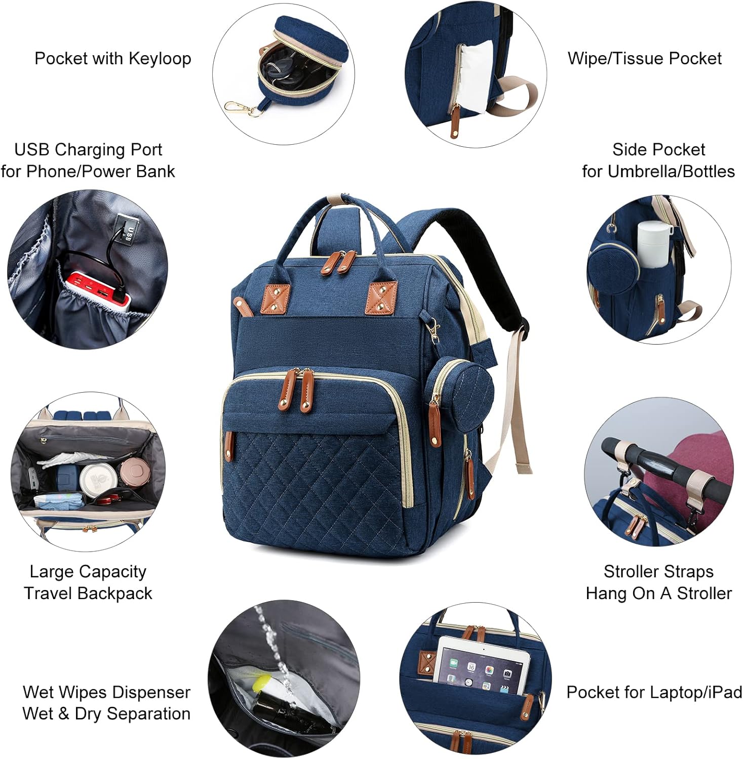 Mochila para pañales para bebé con cambiador, bolsas impermeables para niños y niñas, Azul, Multifunción