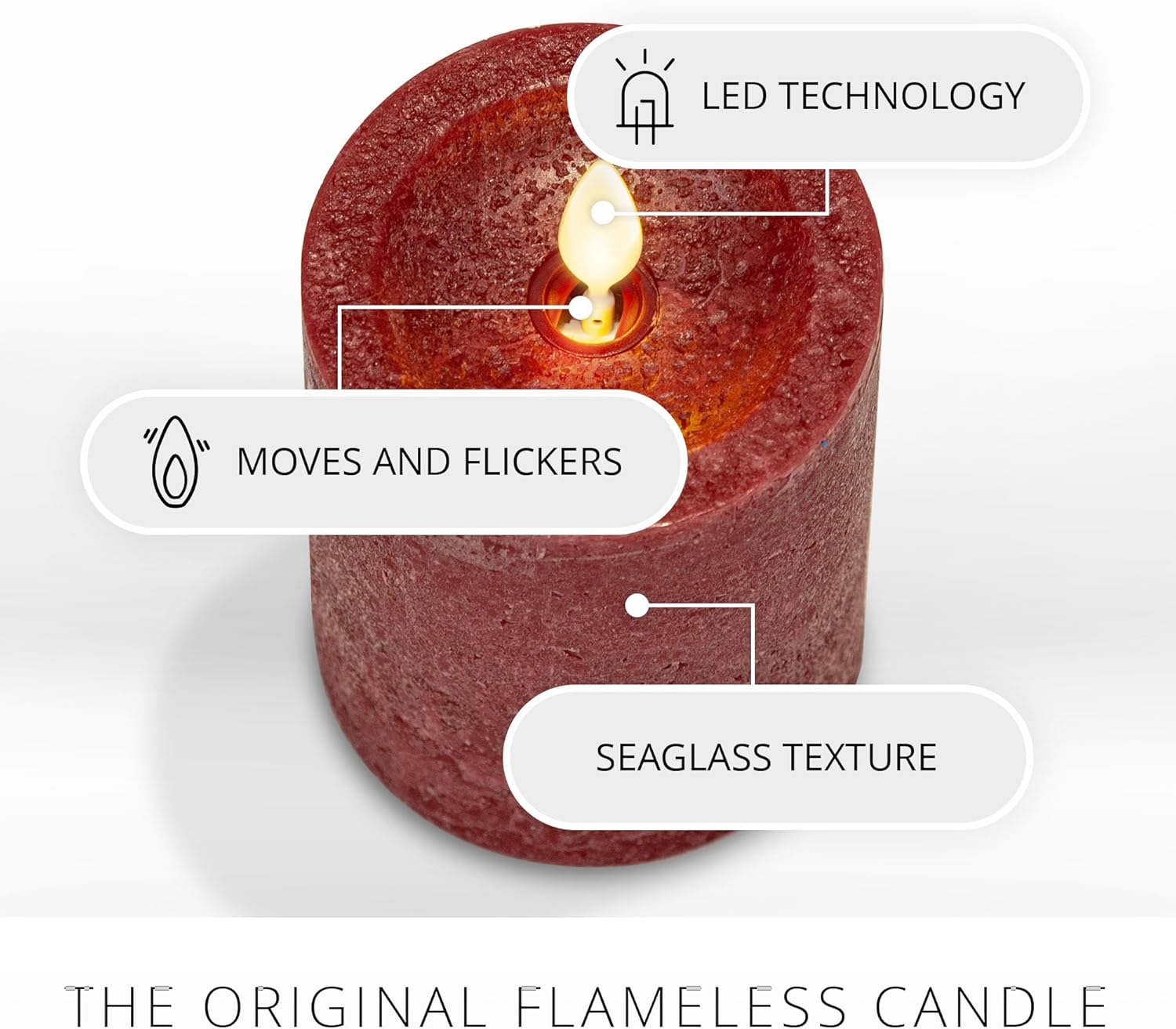 Luminara Vela sin llama de vidrio marino burdeos, pilar de llama móvil, cera real sin perfume con borde empotrado, temporizador, luces LED de vela