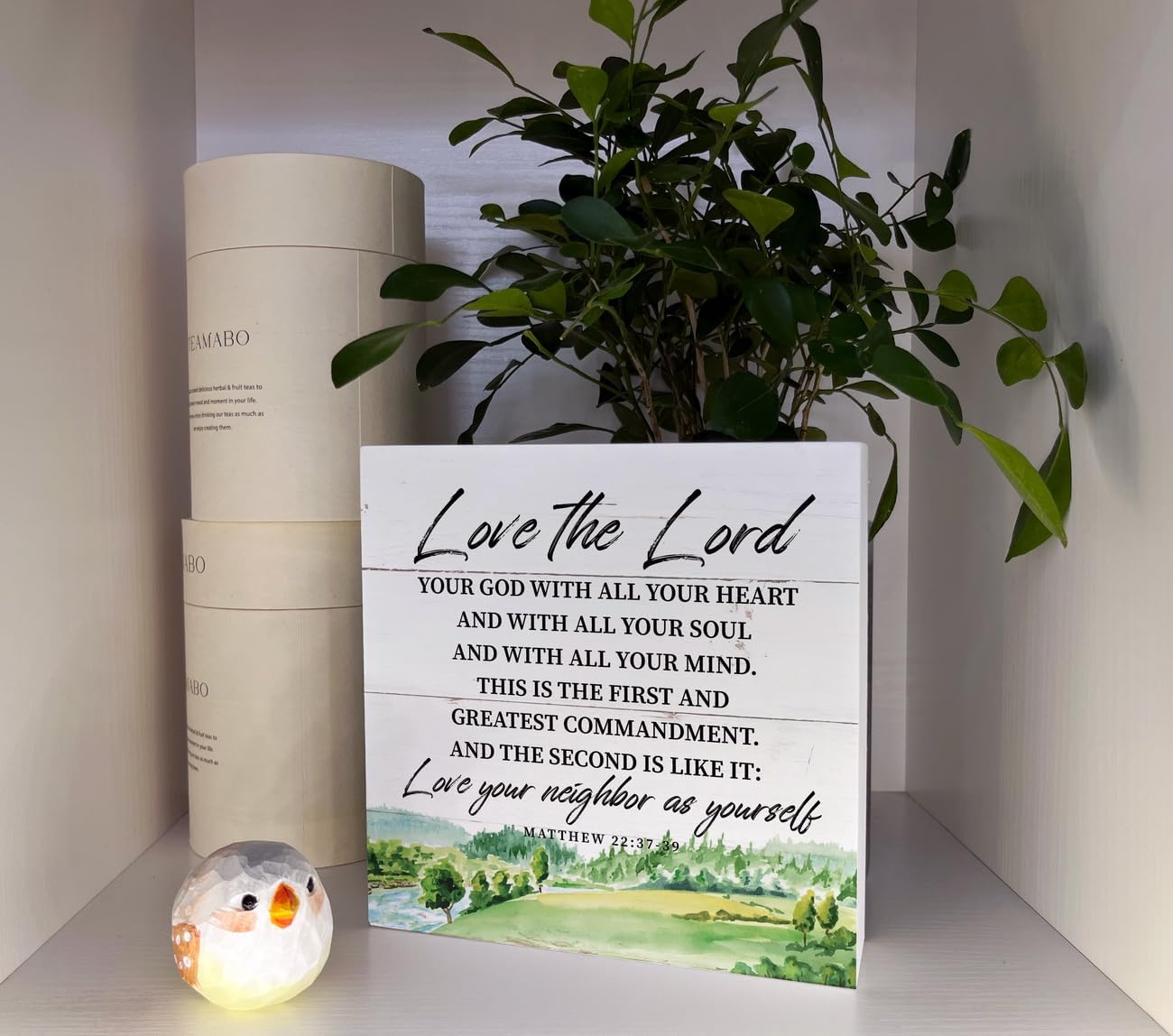 Letreros de madera cristiana, versículo bíblico, Mateo 2237-39  Love the Lord, decoración de mesa con bloque de madera, placa decorativa de madera,