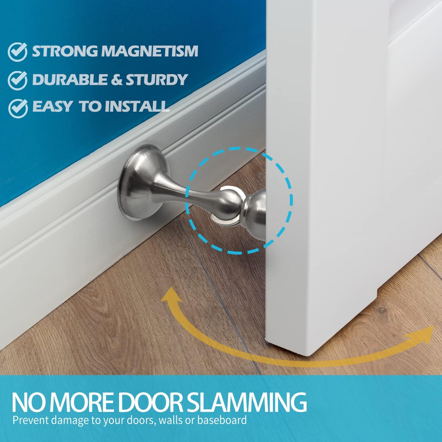 Neoera Tope magnético de puerta (níquel cepillado) sin perforaciones, fuerte adhesivo para montaje en puerta, fuerte cierre magnético de puerta para