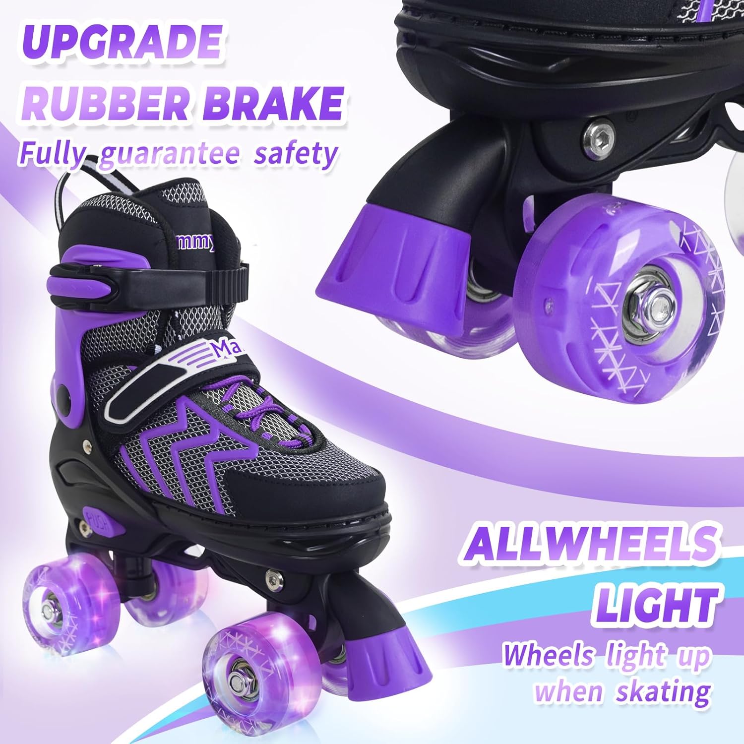 MammyGol Patines de ruedas para niños y niñas, 4 tamaños ajustables para niños y jóvenes, con todas las ruedas iluminadas, patines cuádruples para