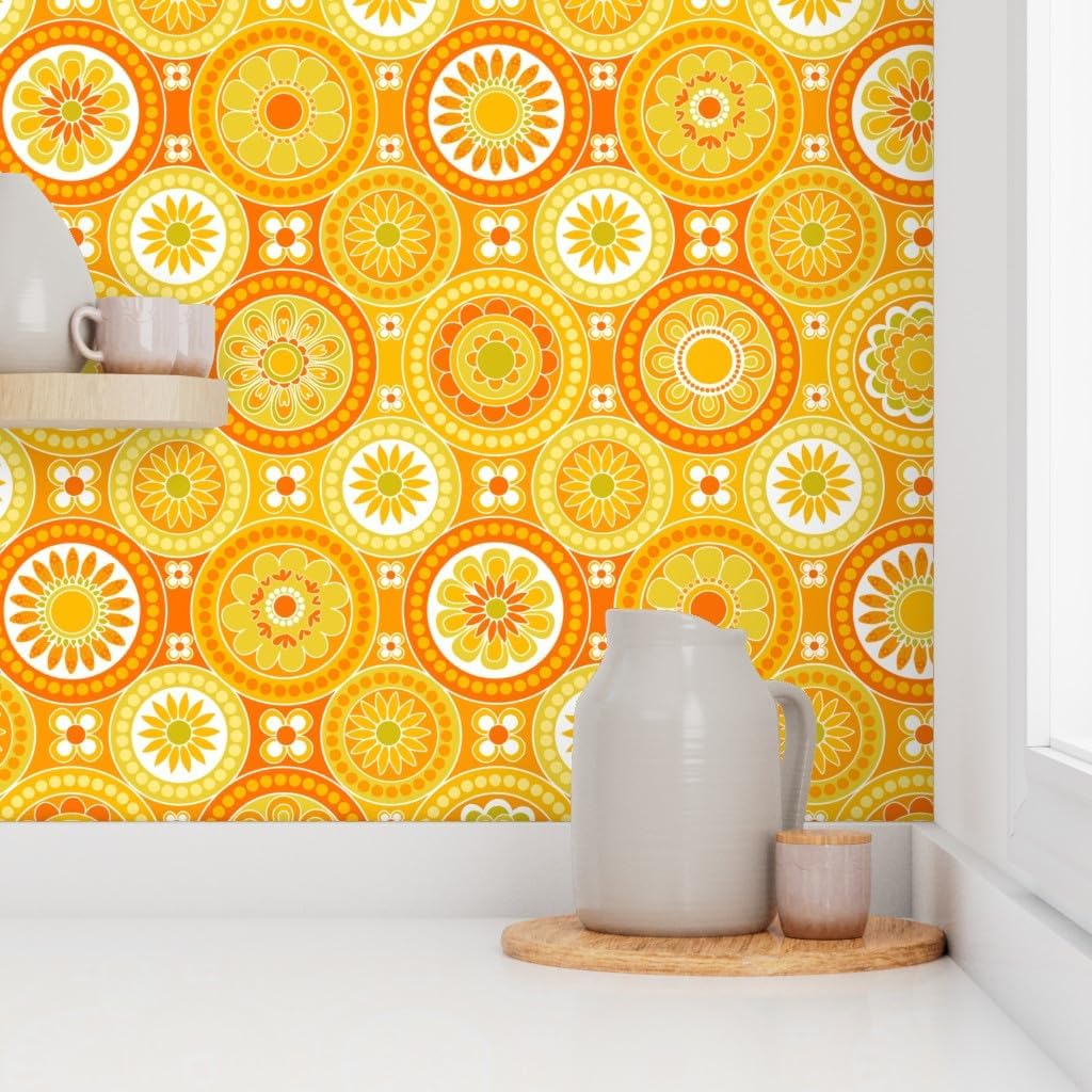 Spoonflower Peel & Stick Wallpaper 3ft x 2ft – Circle Tiles Yellow Flowers Retro Orange Geometric 70s 60s Vintage Custom Removable Wallpaper