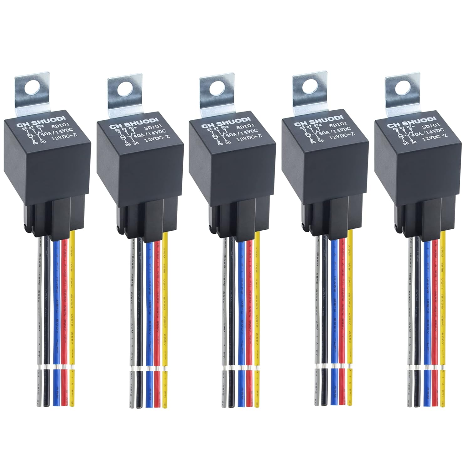 CH SHUODI Paquete de 5 relés ignífugos de 5 pines con arnés de 40 amperios, 14 AWG, 12 V CC, 5 pines, 3040 A, 12 V, con enchufe de relé de