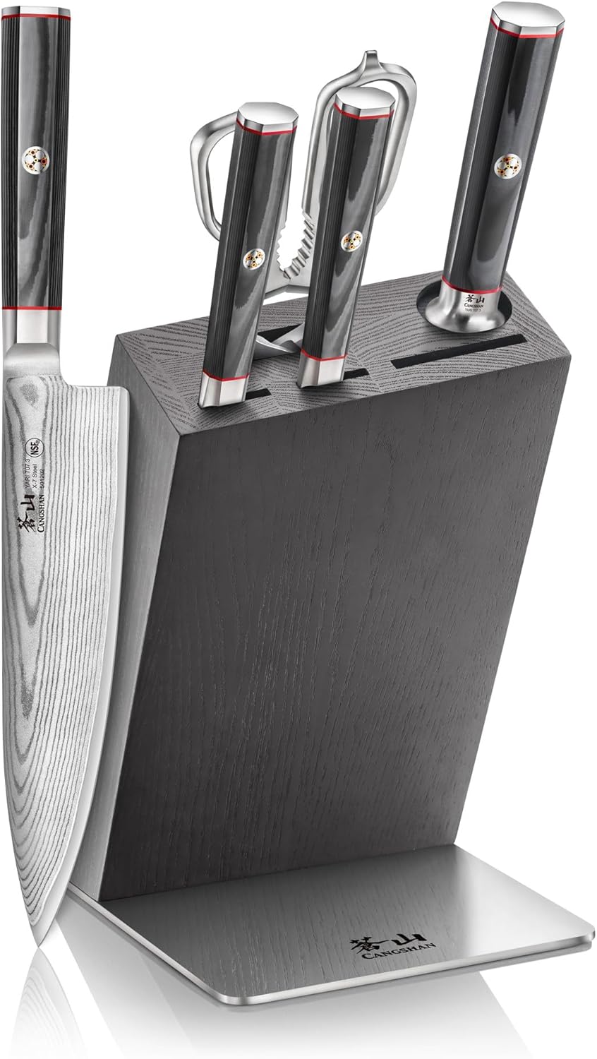 Cangshan YARI Series X-7 Juego de cuchillos de acero de Damasco HUA Block Set, Ashwood (6 piezas)
