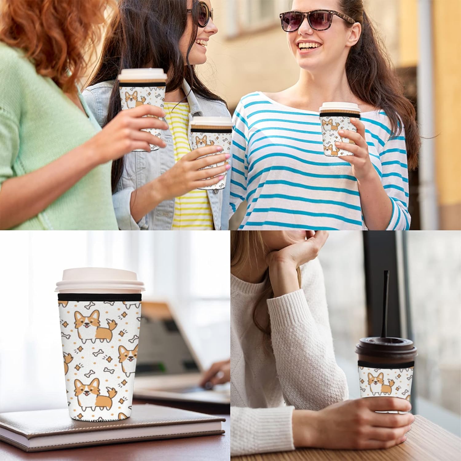 Funda de café helado, lindo perro corgi, diseño de estrella de hueso animal, reutilizable, de neopreno, aislante, para bebidas frías, bebidas, 32