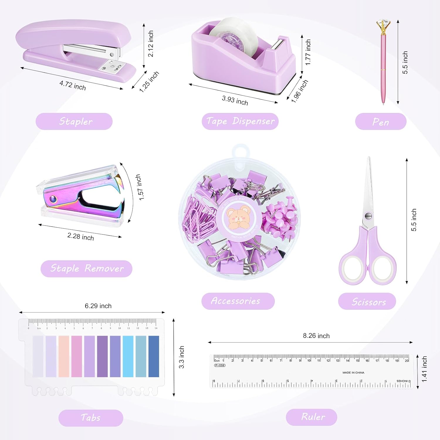 Juego de accesorios de escritorio de color morado, grapadora de lavanda y dispensador de cinta para mujeres, empleados de oficina, escuela,
